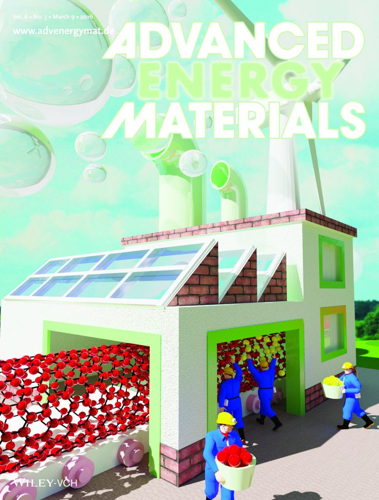 Cover of the March 2016 Advanced Materials journal. (A.M. El-Sawy et al., “Oxygen Reactions: Controlling the Active Sites of Sulfur-Doped Carbon Nanotube–Graphene Nanolobes for Highly Efficient Oxygen Evolution and Reduction Catalysis,” Advanced Energy Materials, 2016, Vol. 6, no. 5. © Wiley-VCH Verlag GmbH & Co. KGaA. Reproduced with permission.)