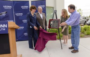 The special plaque honoring Dr. Solomon Everest was unveiled by UConn Health leadership team member from left, Anne Horbatuck, VP of ambulatory services State Rep. Tim LeGeyt Canton’s First Selectman Leslee Hill and Town of Canton's historian David Leff.