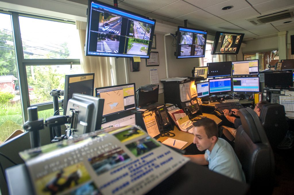 The control room at the UConn Public Safety Police and Fire Station on June 16, 2016. (Sean Flynn/UConn Photo)