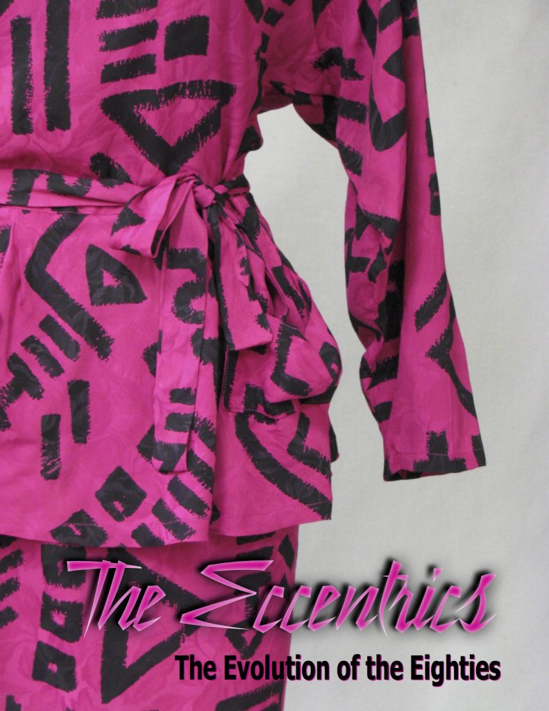 Cover of 'The Eccentrics: The Evolution of the Eighties' catalog, 100 percent rayon peplum dress in fuchsia with black geometric print, by Marvin Singer, 1982.