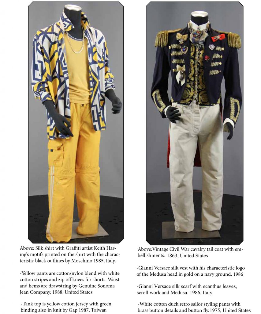 A page from the catalog, showing left, silk shirt with graffiti artist Keith Haring’s motif prints with iconic black outlines by Moschino and yellow cotton blend pants with white stripes and zip-off knees for shorts by Genuine Sonoma Jean Company, 1988, and right, civil war cavalry tail coat with embellishments, Versace silk vest and neck scarf, 1986.