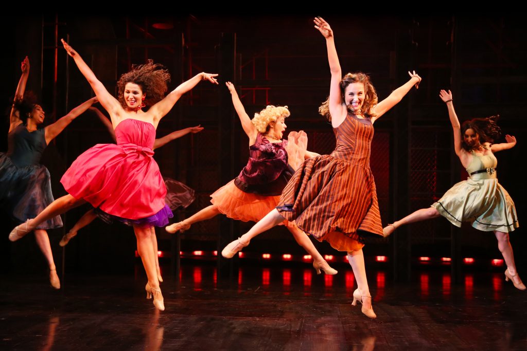 L to R: The Shark Girls: Janayla Montes (Francisca), Cassidy Stoner (Anita), Susie Carroll (Consuela), Rosalia (Tori Gresham) and Margarita (Rebekah Morgan Berger) in WEST SIDE STORY onstage at Connecticut Repertory Theatre July 7-17, 2016. (Gerry Goodstein for UConn)