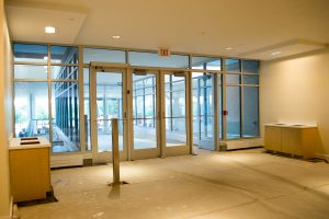 The renovated academic entrance features a new vestibule with a gentle ramp, eliminating the need for stairs on the way into the atrium. (Tina Encarnacion/UConn Health)