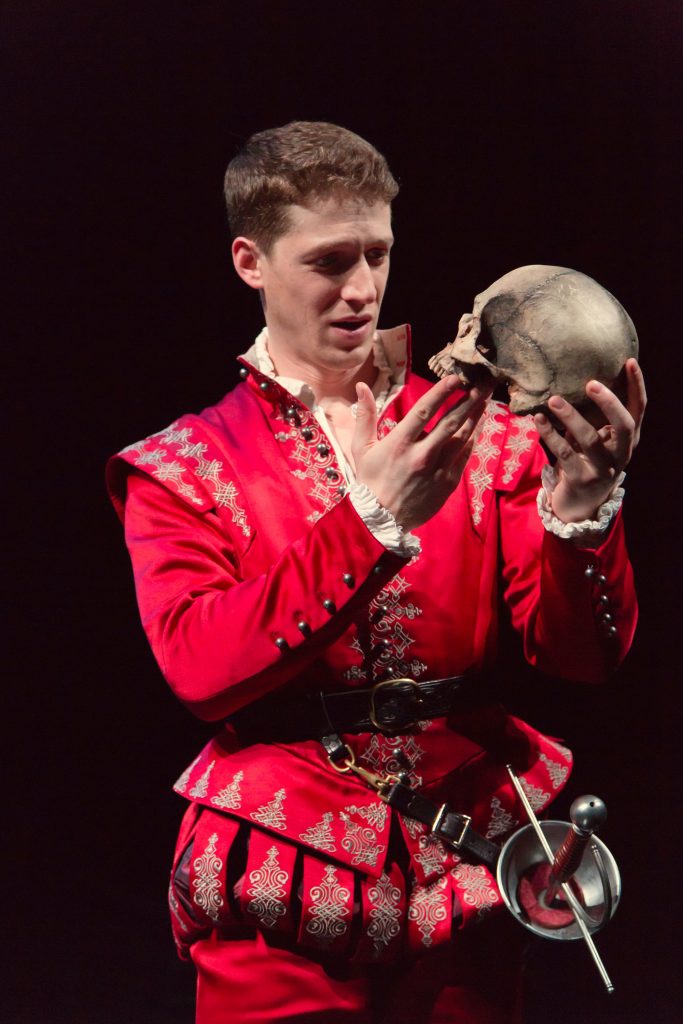 Zach Appleman as Hamlet in the Hartford Stage production of “Hamlet.” The costume is part of the exhibition” “First Folio! The book That Gave Us Shakespeare” at the Benton Museum of Art. (T. Charles Erickson Photo)