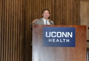 This year’s alumni guest speaker was Dr. Ken Yanagisawa, who graduated from the UConn School of Medicine in 1988 and today practices otolaryngology in the New Haven area. (Photo by Janine Gelineau)