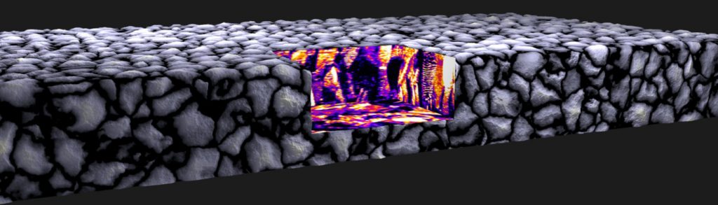 This image shows a slice of cadmium telluride with a 3D cutaway revealing the pathways of conductivity (bright spots) in crystal grains and along planar defects throughout the material. (Justin Luria/UConn Image)