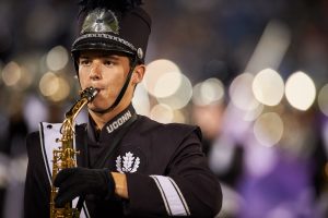 The UConn Marching Band performs during a football game at Pratt & Whitney Stadium at Rentschler Field on Sept. 1, 2016. (Peter Morenus/UConn Photo)
