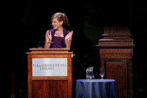 President Susan Herbst introduces the Humility in Politics forum at the Folger Shakespeare Theater in Washington, D.C. (Photo by Garrett Hubbard, GH studios.)