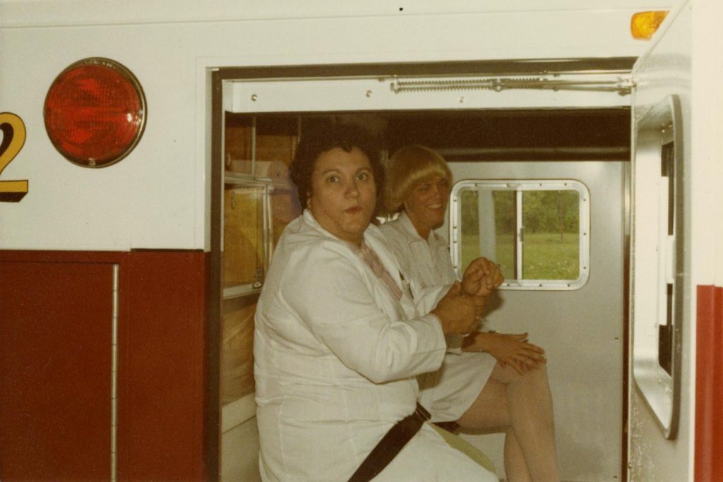 From left: Nurse supervisors Irene Engel and Cindy Shipps, pictured here in the UConn Health Fire Department's newly acquired Rescue 2 paramedic vehicle in 1979, helped familiarize emergency department nurses with paramedics by having the nurses go out on calls with them. (Photo submitted by Irene Engel)