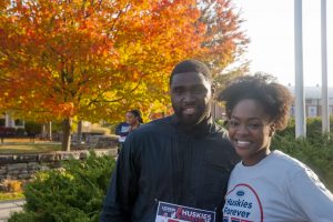 Left to right, Frankie Richardson '14 (accounting) and Danielle Wellington '15 (accounting) participated in the Huskies Forever 5k on Sunday morning.  Oct. 16, 2016. (Garrett Spahn/UConn Photo)