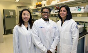The three biomedical science Ph.D. students from UConn Graduate School selected by the NIH for translational research training were Huakang Huang, Denisse Tafur and Dinesh Babu Uthaya Kumar (UConn Health/Janine Gelineau). 