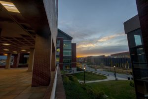 View of Fairfield Way with a sunset on Nov. 10, 2016. (Sean Flynn/UConn Photo)