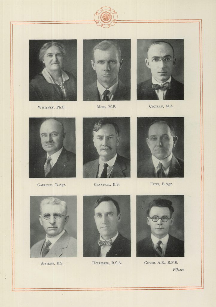 Like the faculty page shown here, all of the pages in the 1929 Nutmeg had an orange border. The seal at the top is for the Class of 1930. Until the 1950s, Nutmeg yearbooks featured the junior class, rather than graduating seniors. (Archives & Special Collections, UConn Library)