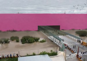 A border crossing visualized as part of a virtual architectural design for the concept of a wall between the U.S. and Mexico. (Image by Augustin Avalos, Estudio Pi S.C., Hassanaly Ladha)