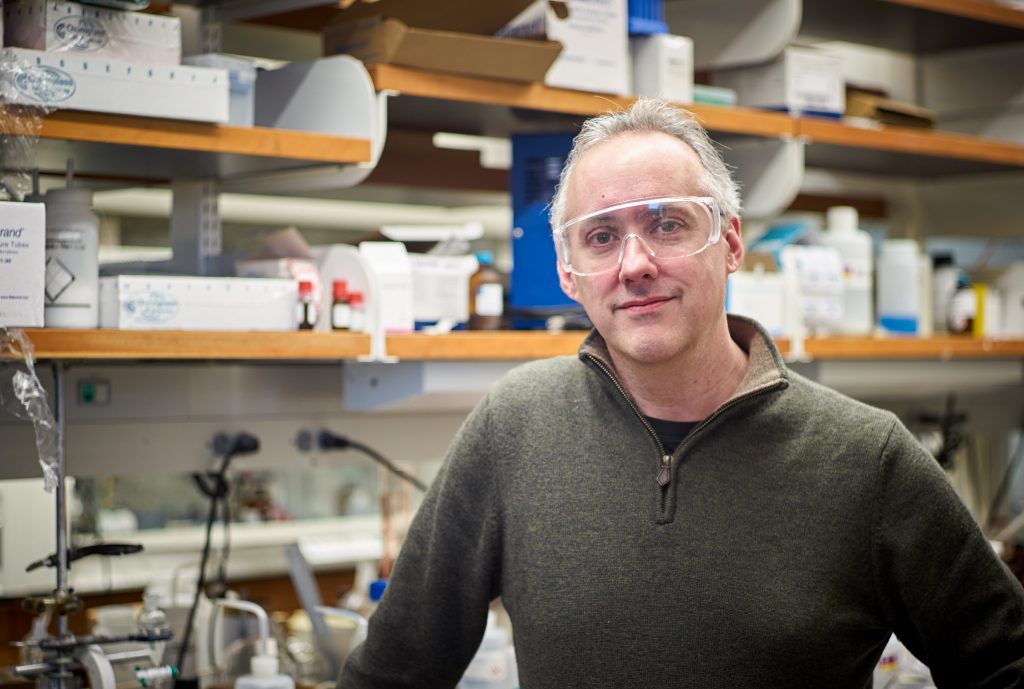 Dennis Wright, professor of pharmaceutical sciences, at his lab on April 1, 2016. (Peter Morenus/UConn Photo)