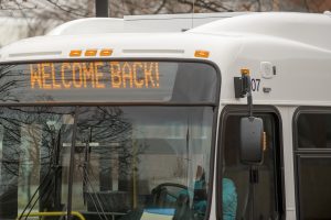 Welcome back students message on the digital message board of the shuttle buses on Jan. 17, 2017. (Sean Flynn/UConn Photo)