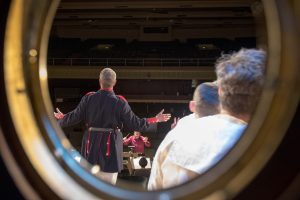 A view from backstage during the dress rehearsal of H.M.S. Pinafore at Jorgensen on Jan. 24, 2017. (Sean Flynn/UConn Photo)