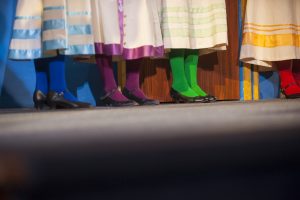 Colorful tights displayed at the dress rehearsal for UConn Opera's production of H.M.S. Pinafore at Jorgensen Center for the Performing Arts on Jan. 25, 2017. (Sean Flynn/UConn Photo)