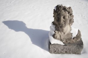 A sculpture covered with snow on Jan. 9, 2017. (Sean Flynn/UConn Photo)