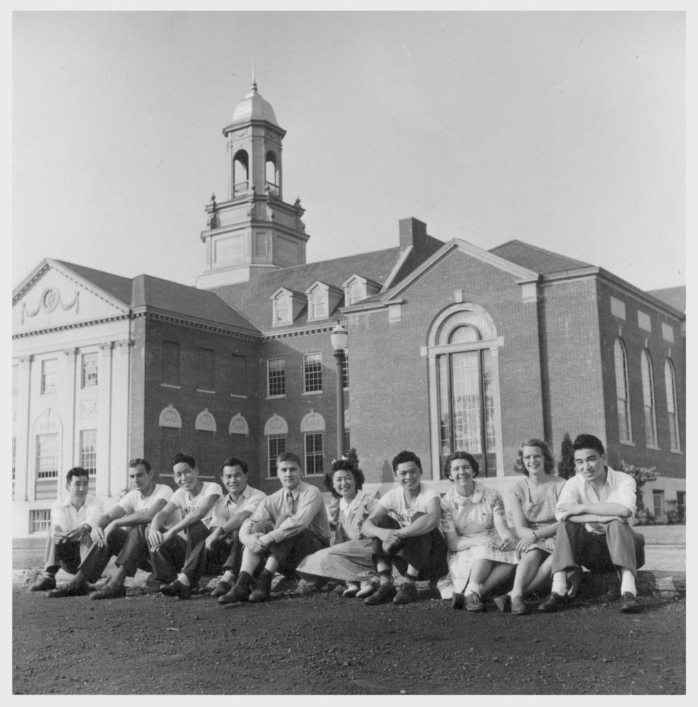 A group portrait at the University of Connecticut, August 1944. From left, Yoneo Ono (Poston & Bakersfield, Calif.); Ray Cudler, Tokiyi Furuta (Poston & San Diego, Calif.); Ken Nakuoka (Denson & Torrance, Calif.); Richard Pinkovitch, Edna Sakamoto (Tule and Denson); Jim Nakano (Topaz & Redwood City, Calif.); Jean Wengolin, Barbara H. Perkins, Kei Hori (Heart Mountain & San Francisco, Calif.). (Photo by Hikaru Iwasaki, courtesy of the Bancroft Library at the University of California-Berkeley)