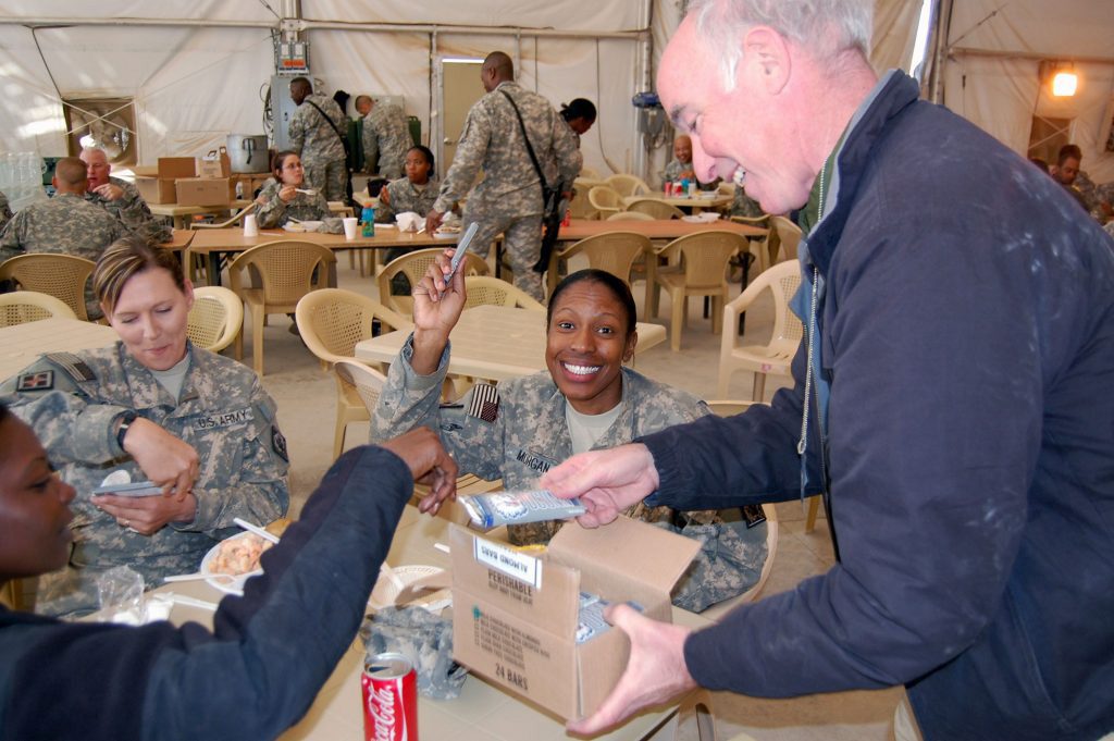U.S. Rep. Joe Courtney (D-CT 2nd) ’78 J.D. distributed UConn Husky chocolate bars, donated by Munsons Chocolates of Bolton, Conn., to U.S. military personnel during a trip to Iraq in December 2008. (Courtesy of Karen Munson)
