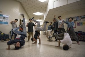 Members of the Breakdance Club dance in the Math-Science Building on Feb. 2, 2017. (Ryan Glista/UConn Photo)