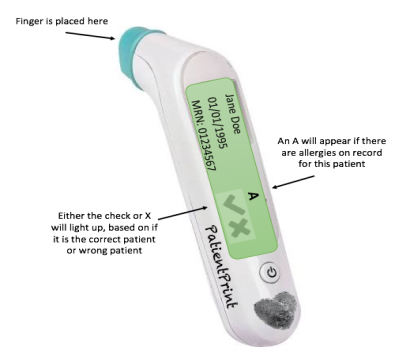 A prototype of the Patient Print, an electronic patient identification device.