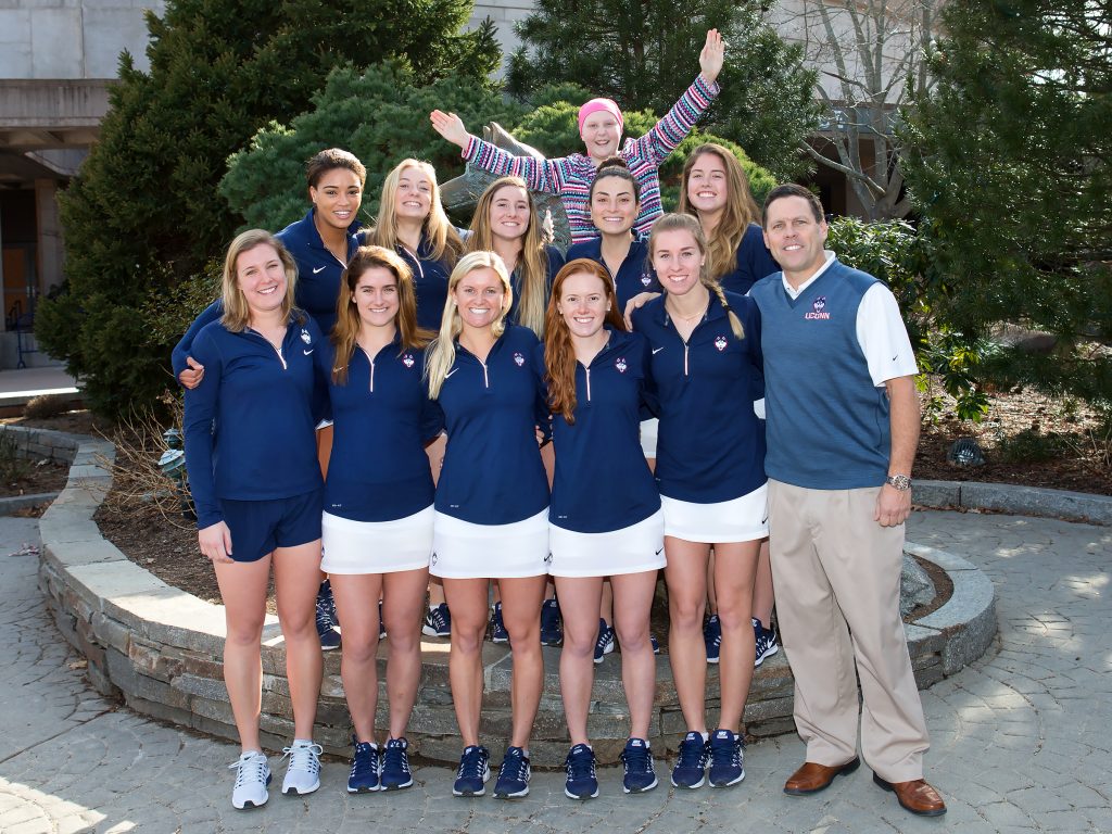 The UConn Women's Tennis team with new addition Genevieve Neiman in the back row. Head coach Glenn Marshall stands in the front row at right. (Athletic Communications/UConn Photo)