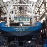 The R/V Connecticut inside the building where it will be split and lengthened. (UConn Marine Sciences Photo)