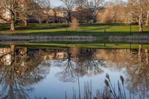 Reflection of South Campus on Mirror Lake. (Sean Flynn/UConn Photo)