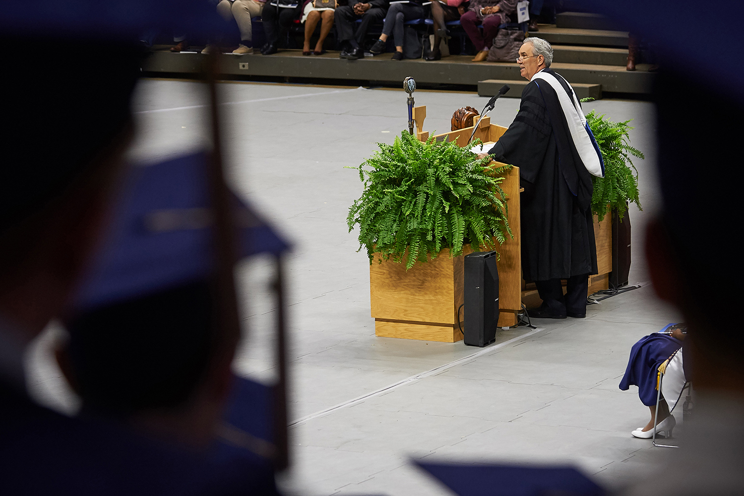 Douglas Elliot '82 (BUS) gives the address during the School of Business Commencement ceremony at Gampel Pavilion on May 7, 2017. (Peter Morenus/UConn Photo)