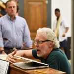 Terrence Mann, artistic director of the Connecticut Repertory Theatre Nutmeg Summer Series, leads a rehearsal of "1776" at the Drama-Music Building. (Peter Morenus/UConn Photo)