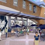 Outdoor space outside the renovated UConn Bookstore on Hillside Road. (Rendering by Barnes & Noble College)