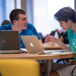 Students engage in discussion at the Homer Babbidge Library in May 2017. (Sean Flynn/UConn Photo)