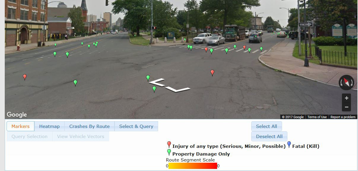 A close-up Google street view of the same Hartford intersection, showing where accidents occurred.