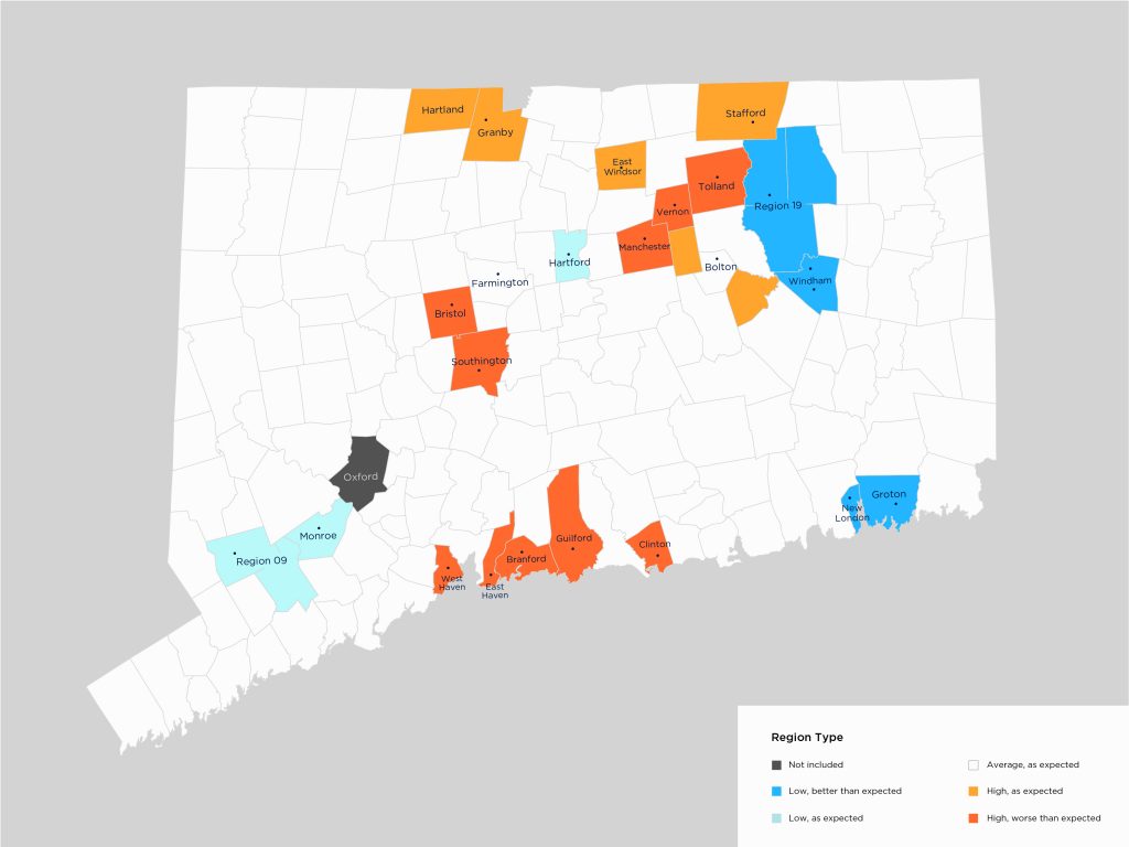 This map uses hospitalization data to show school districts with higher than average (light orange) and unexpectedly higher than average (dark orange) rates of adolescent suicide attempts, as well as lower than average (light blue) and unexpectedly lower than average (darker blue) rates. Data was not available for Oxford (black).
