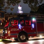 The new truck lit up at night outside the Wilbur Cross Building. (Rob Babcock/UConn Photo)