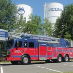 The new fire truck, with the water towers in the background. (Rob Babcock/UConn Photo)