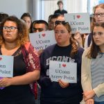 Kristen Foster '20 (CLAS), center, listens with other students as Gov. Dannel Malloyt speaks about the state budget at the student center at the Avery Point on Sept. 25, 2017. (Peter Morenus/UConn Photo)