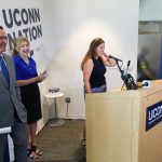 State Senator Mae Flexer '02 (CLAS), right, Gov. Dannel Malloy, left, and President Susan Herbst share a laugh during an event at the student center at the Avery Point campus on Sept. 25, 2017. (Peter Morenus/UConn Photo)