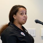 Liz White '18 (CLAS) speaks about her experience as a student at the Avery Point campus during a press conference at the student center on Sept. 25, 2017. (Peter Morenus/UConn Photo)