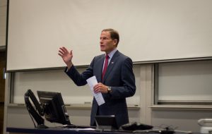 "Naval science has never been more important," Sen. Richard Blumenthal told engineering students about growth in the nation's submarine industry. (Christopher LaRosa/UConn Photo)