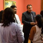 John Quiñones, an ABC news correspondent and host of "What Would You Do?" speaks with student leaders at the Jorgensen gallery on Sept. 19, 2017. (Peter Morenus/UConn Photo)
