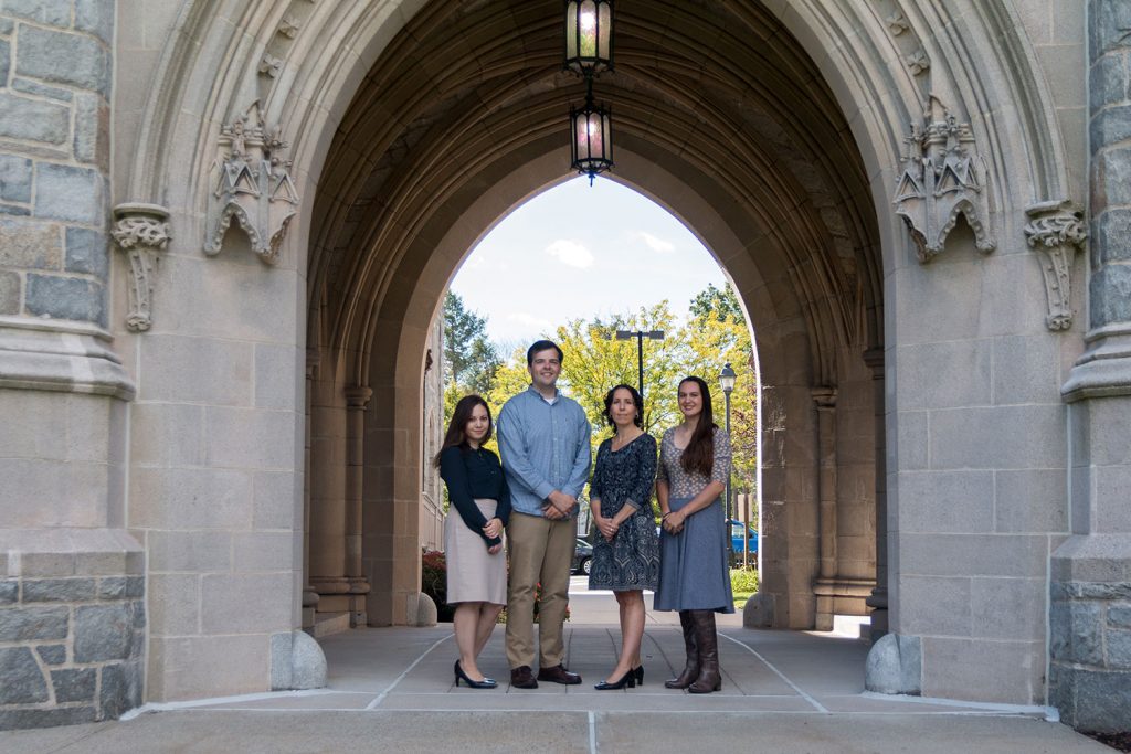 Professor Jessica Rubin and a team of UConn Law students have taken a leading role in a groundbreaking new courtroom advocacy program for animals. Pictured from left, Julie Shamailova, Christopher Kelly, Professor Jessica Rubin, and Taylor Hansen.