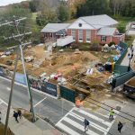 A view of construction along North Eagleville Road outside the Trachten-Zachs Hillel House, taken from the Gant Science Complex on Oct. 16, 2017. (Peter Morenus/UConn Photo)