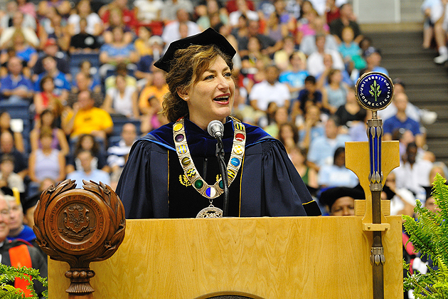 President Susan Herbst gives the address during the Convocation ceremony held at Gampel Pavilion on August 26, 2011.
