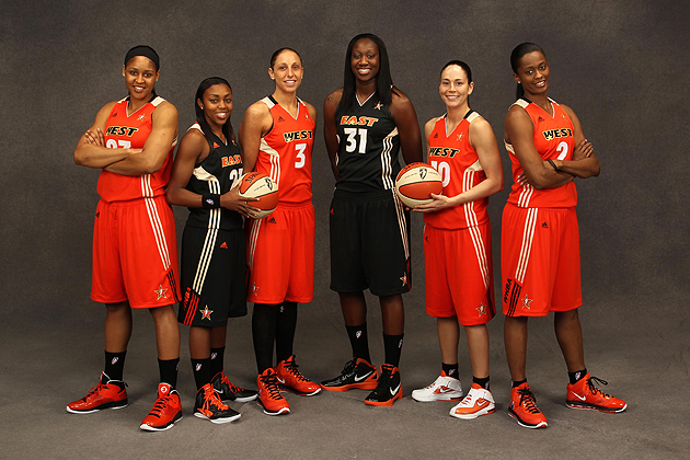 The 2011 WNBA All-Star game in San Antonio on July 15 served as a reunion for six former Huskies. From left: Maya Moore'11 (CLAS) of the Minnesota Lynx, Renee Montgomery '09 (CLAS) of the Connecticut Sun, Diana Taurasi ''05 (CLAS) of the Phoenix Mercury, Tina Charles '10 (CLAS) of the Connecticut Sun, Sue Bird '02 (CLAS) and Swin Cash '02 (CLAS), both of the Seattle Storm. Cash was named the Most Valuable Player of the WNBA All-Star Game. During a separate ce4remony noting the league's 15th year, Bird and Taurasi were honored as two of the Top 15 players of all-time.