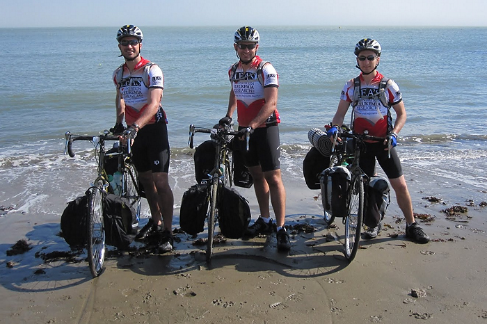 From left: Tom Williams, Greg Hebert and James Alex on the Pacific shore in San Francisco at the start of their journey June 19. (Photos provided by the Coast to Coast for a Cure 2011 blog)