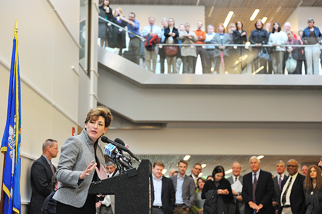 President Susan Herbst speaks at the dedication ceremony for the new Classroom Building.