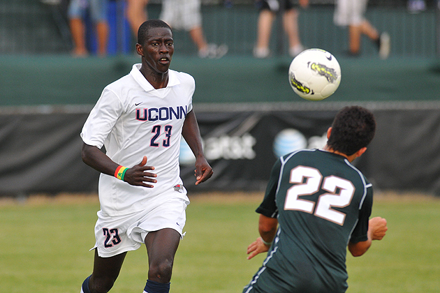 Mamadou Doudou Diouf (23) rushes in for the ball during the men's soccer against Michigan State at Joseph Morrone Stadium on September 1, 2011. UConn won 2-1.